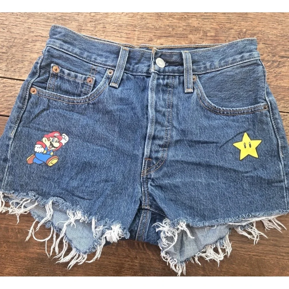 Levi's X Super Mario 501 Cut Off Short Shorts High Rse Dark Wash Sz 24w Nintendo